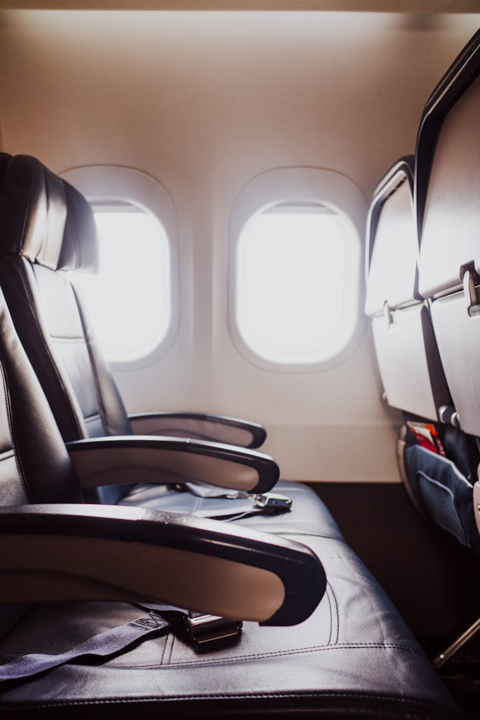 Comfortable leather seats in an airplane cabin next to windows, ready for travel.